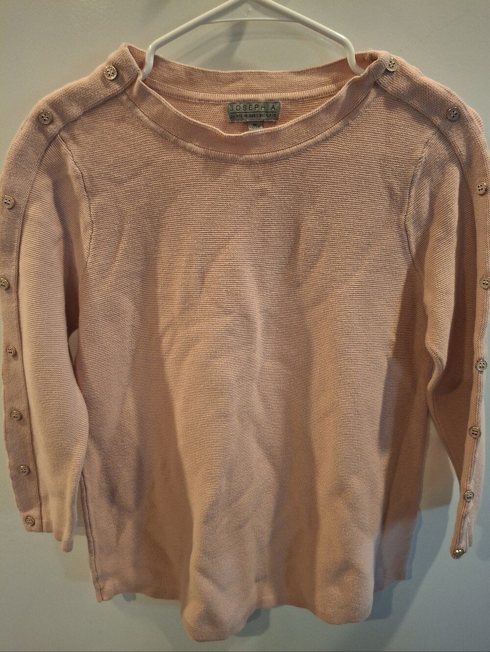 Joseph A Soft Blush Pink Button-Trim Crewneck Sweater